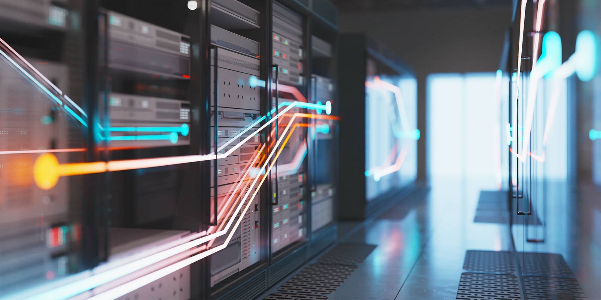 Cyber insurance data center with secure server racks and digital network connections.