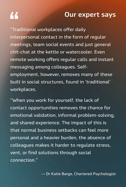 A block quote from Dr Katie Barge, Chartered Psychologist, on the difference between traditional workplaces and self-employment in terms of loneliness
