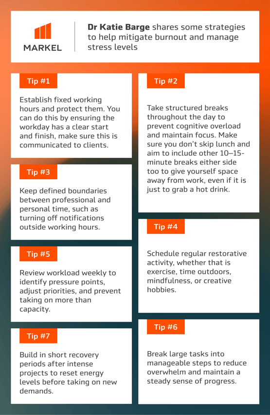 An infographic showing tips to manage burnout for the self-employed
