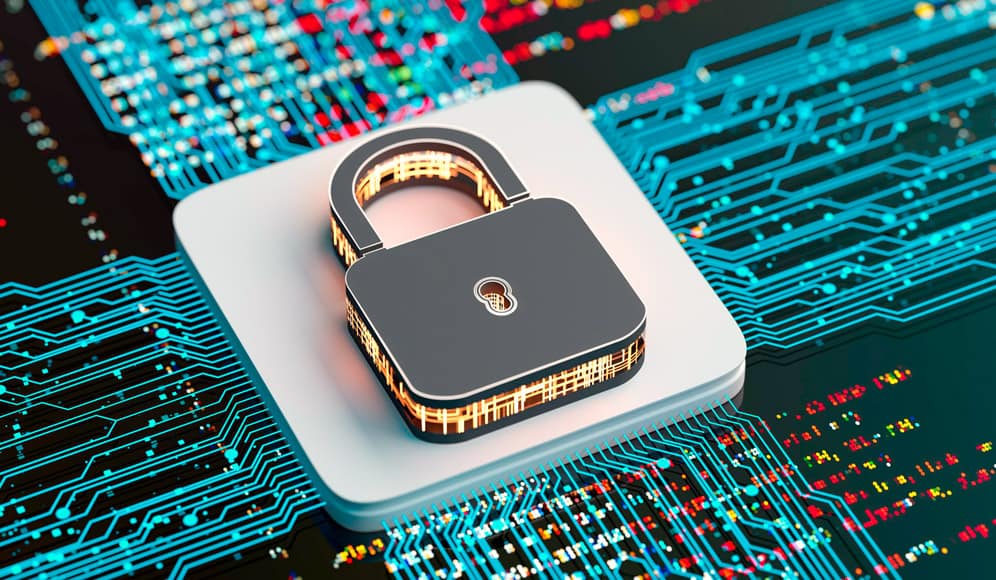 Computer hardware surrounding a padlock