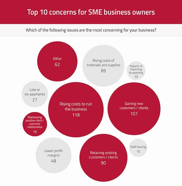 A graphic showing the top 10 concerns for SME business owners and the number of polled individuals who expressed this concern.