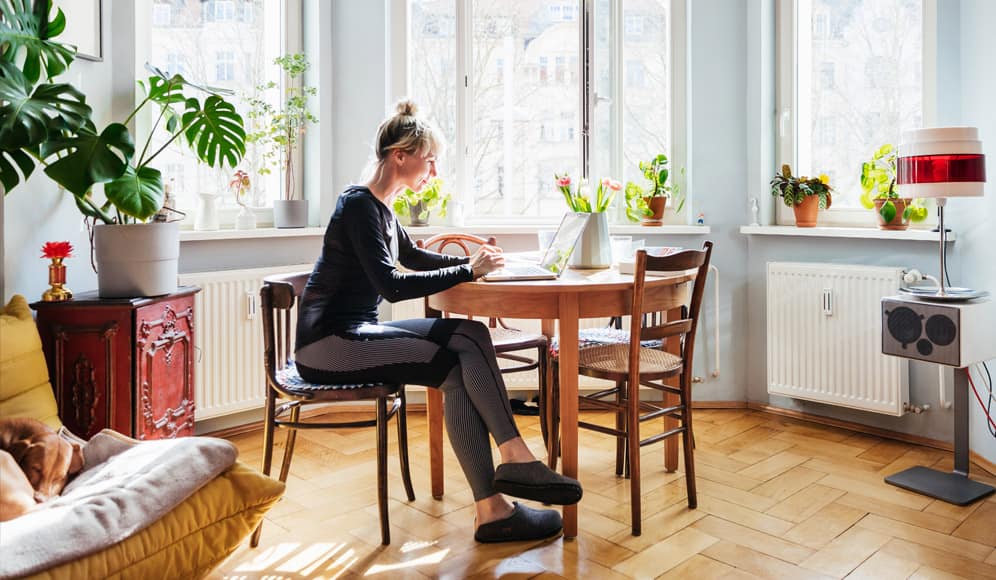 Someone working at a dining table on a computer, infront of a bay window