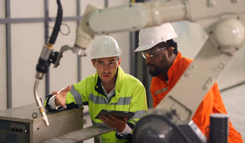 Two construction workers looking at a piece of machinery