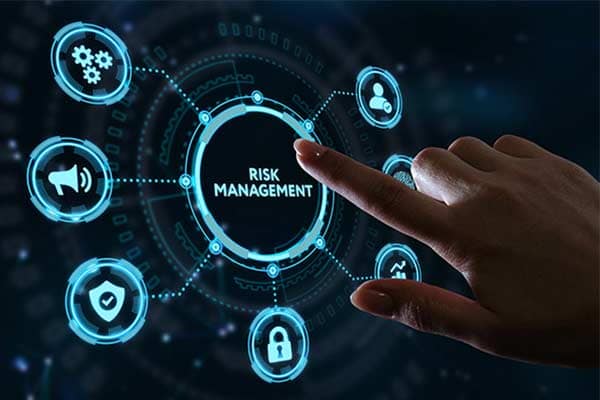 Risk management interactive diagram on a screen with individual touching a button.