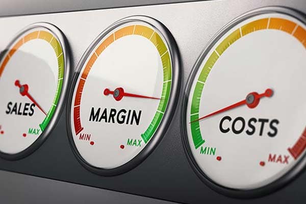 Gauges showing increase in sales and profit margins while keeping the costs down.