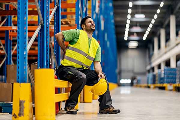 A manual worker with back pain, sat down holding his back.