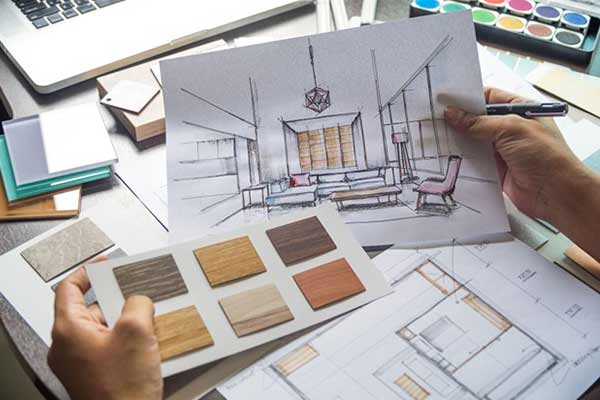 An interior designer looks at a concept design of a room and samples of wood.