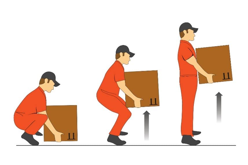 An illustration of how to safely lift a box - squating and lifting with the legs.