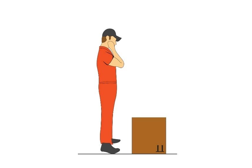 An illustration of a man thinking before he lifts a box to ensure that he does it safely.