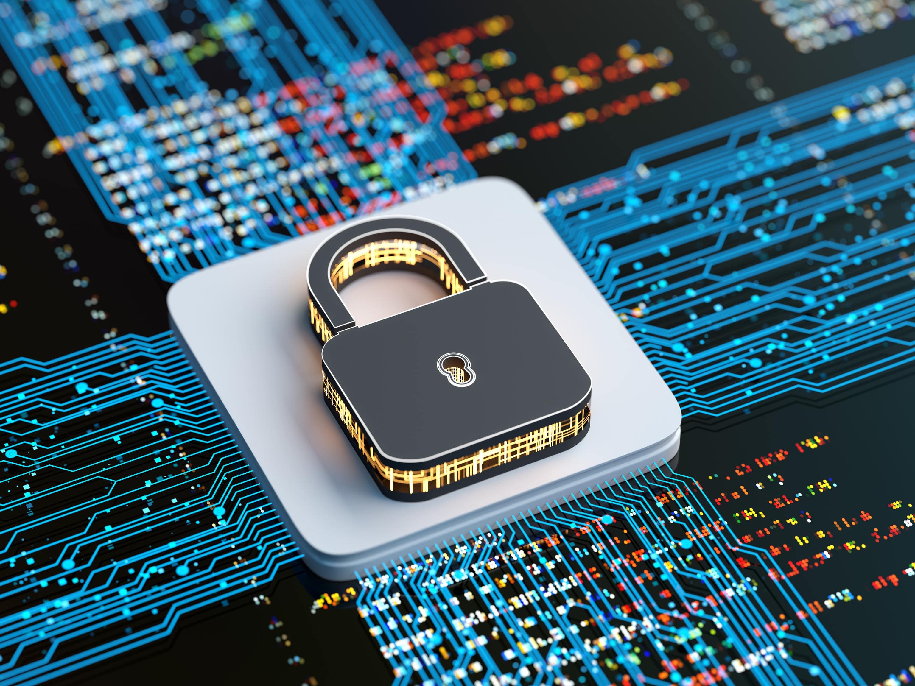 Computer hardware surrounding a padlock