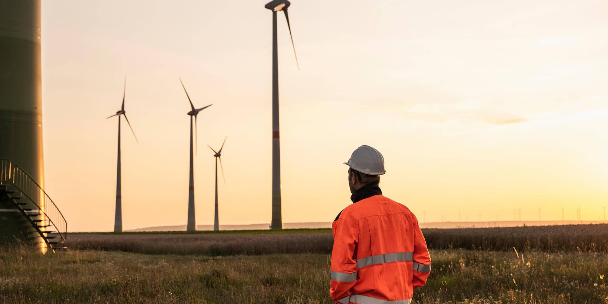 A field of wind turbines at sunset with mountains in the background, showcasing renewable energy in harmony with nature.