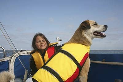 Dog wearing life jacket on boat with girl